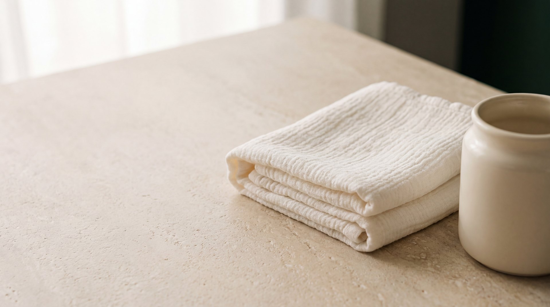 Folded cotton and a plain ceramic jar in soft morning light at Glow Beauty Lab Med Spa